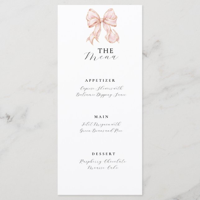 Elegant, tying the Pink Bow  bridal shower Menu (Front)
