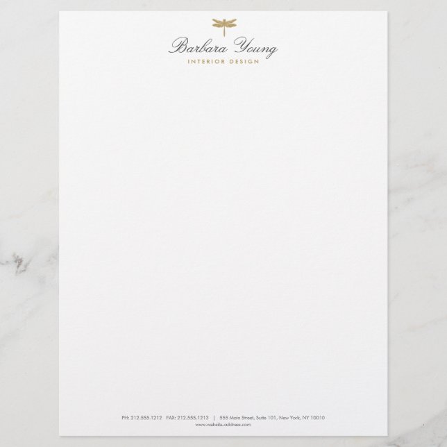 Elegant Type Gold Dragonfly Logo on White Letterhead (Front)