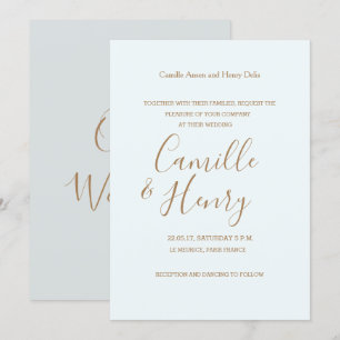 Elegant type light blue gold grey modern wedding invitation