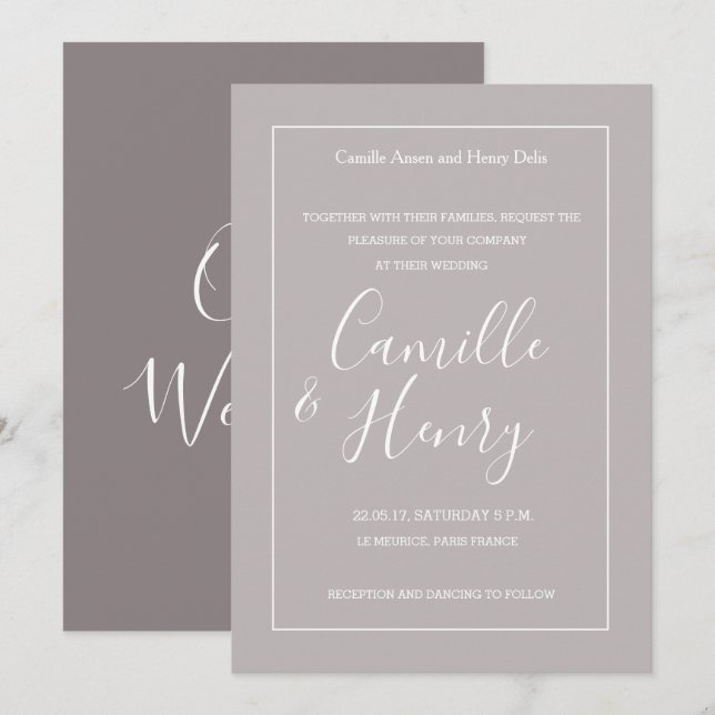 Elegant type lilac grey white frame modern wedding invitation (Front/Back)