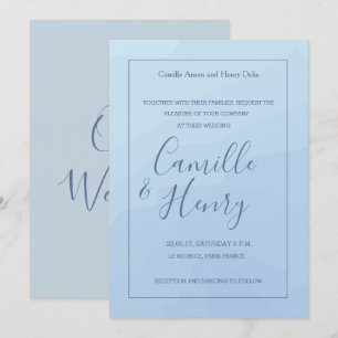 Elegant type pastel blue grey watercolor wedding invitation