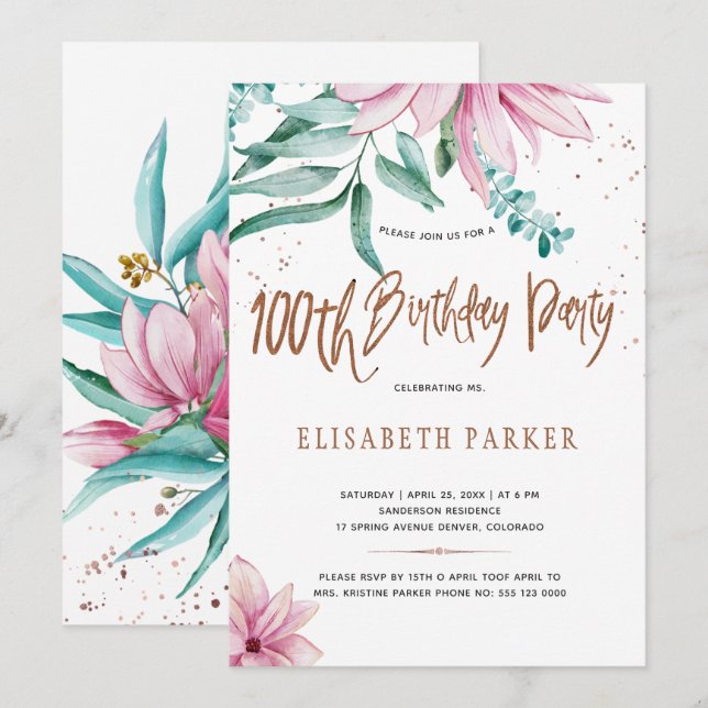 Elegant typography 100th floral birthday party invitation (Front/Back)