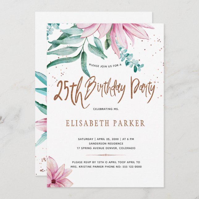 Elegant typography 25th floral birthday party invitation (Front/Back)