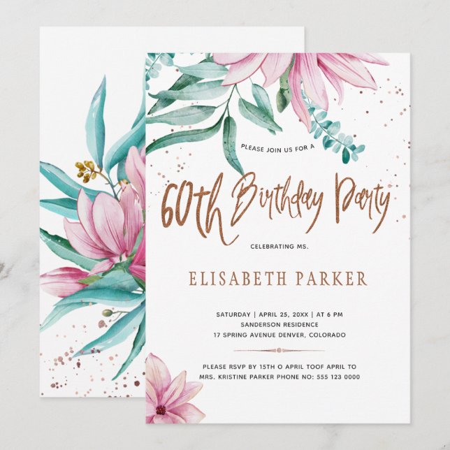 Elegant typography 60th floral birthday party invitation (Front/Back)
