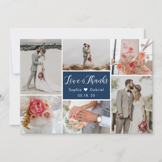 Elegant Typography 6 Photo Collage Navy Wedding Thank You Card (Front)