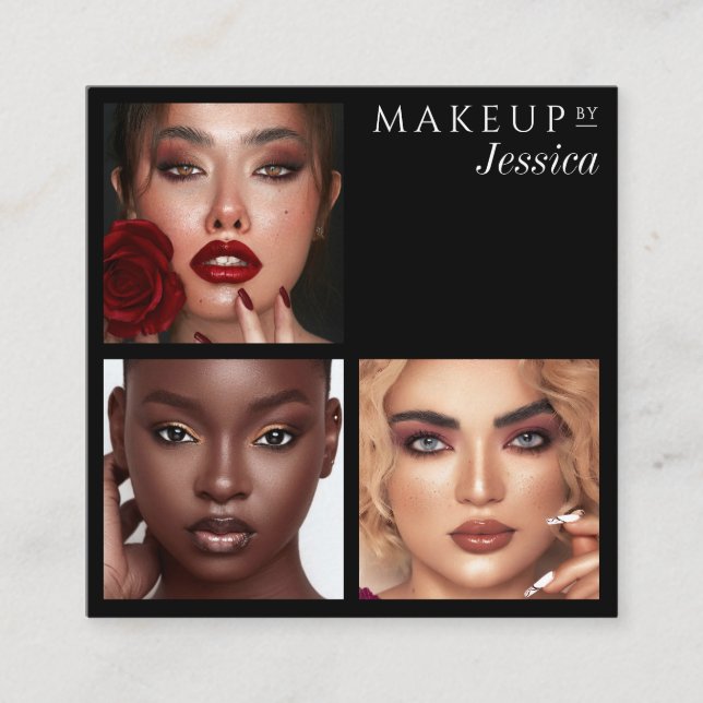 Elegant Typography Black 3 Photo Makeup Square Business Card (Front)