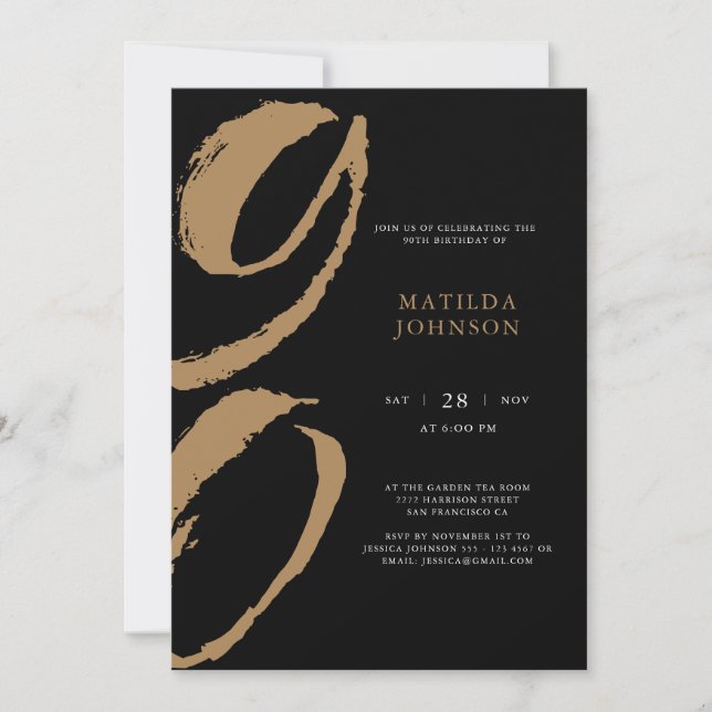 Elegant Typography Black and Gold 90th Birthday Invitation (Front)