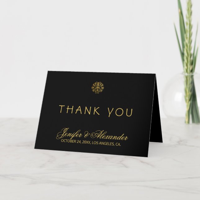 Elegant typography black and gold PHOTO wedding Thank You Card (Front)