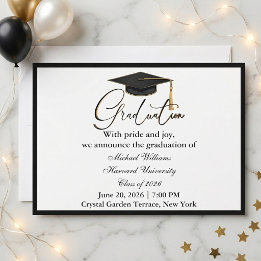Elegant Typography Black Cap Monochrome Graduation Invitation