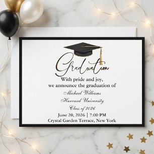 Elegant Typography Black Cap Monochrome Graduation Invitation