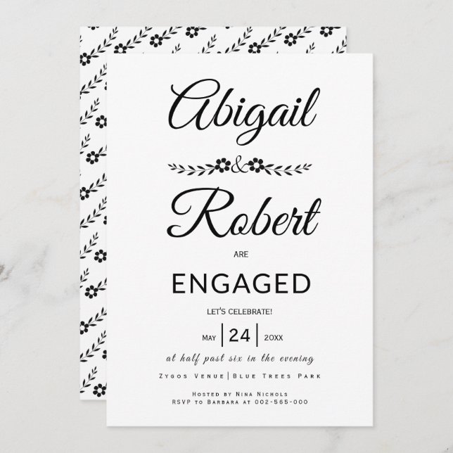 Elegant typography black flowers engagement invitation (Front/Back)