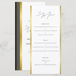 Elegant Typography Black White Gold Stripe Wedding Menu