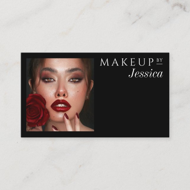 Elegant Typography Black White Photo Makeup Business Card (Front)
