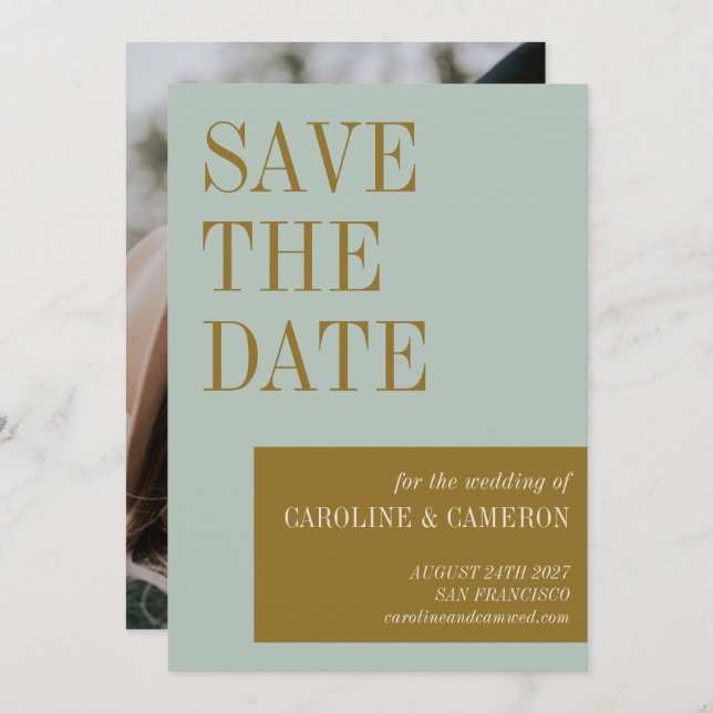 Elegant Typography Blue Gold Photo Wedding Save The Date (Front/Back)