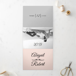 Elegant typography blush pink, grey photo wedding Tri-Fold invitation