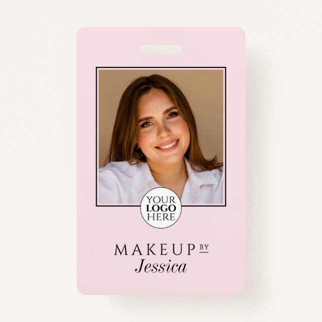Elegant Typography Blush Pink Photo Makeup ID Badge (Front)