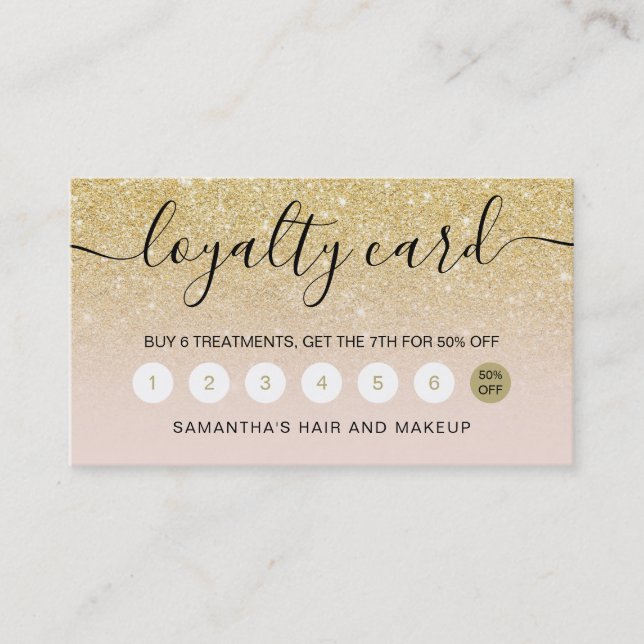 elegant typography blush yellow gold glitter ombre loyalty card (Front)