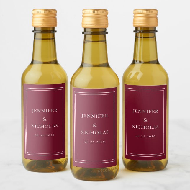 Elegant Typography Burgundy Wedding Wine Label (Bottles)