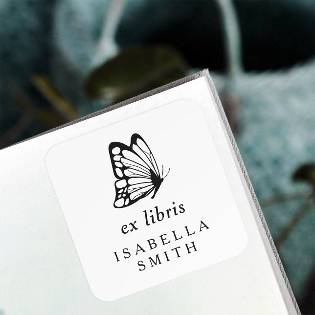 Elegant Typography Butterfly Ex Libris Bookplate Square Sticker (Creator Uploaded)