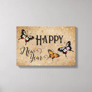 Elegant Typography Butterfly Stars Rustic New Year Canvas Print