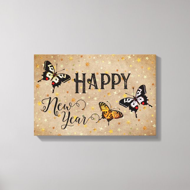 Elegant Typography Butterfly Stars Rustic New Year Canvas Print (Front)