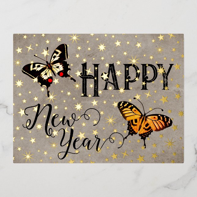 Elegant Typography Butterfly Stars Rustic New Year Foil Holiday Postcard (Front)