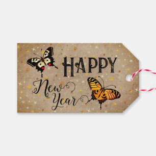 Elegant Typography Butterfly Stars Rustic New Year Gift Tags