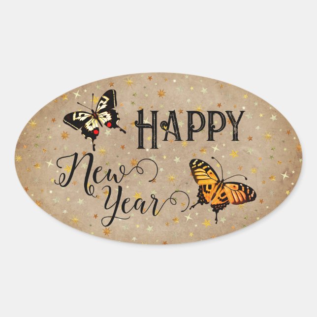 Elegant Typography Butterfly Stars Rustic New Year Oval Sticker (Front)