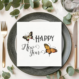 Elegant Typography Butterfly White Happy New Year Napkin