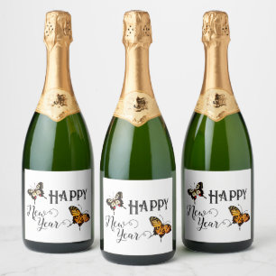 Elegant Typography Butterfly White Happy New Year  Sparkling Wine Label