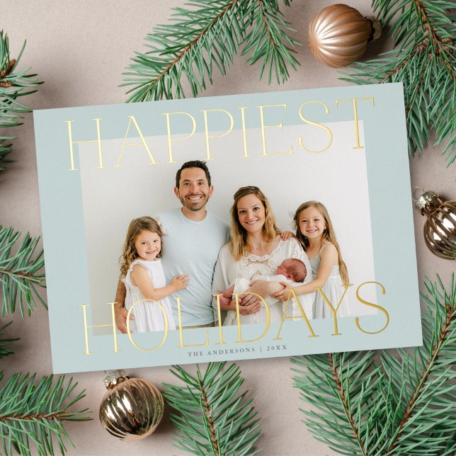 Elegant Typography Christmas Photo Aqua + Gold Foil Holiday Card (Creator Uploaded)
