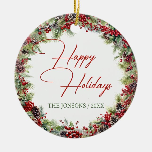 Elegant Typography classic holiday greenery  Ceramic Tree Decoration (Front)