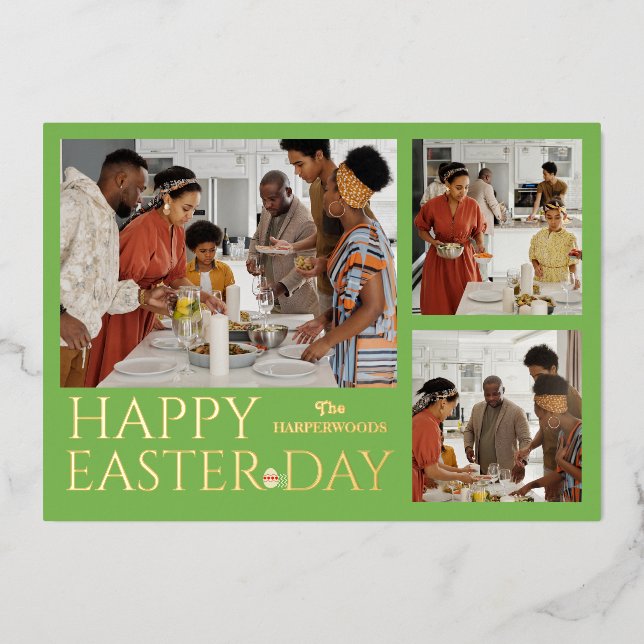 elegant Typography Easter family three photo  Foil Holiday Card (Front)