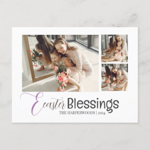 elegant Typography Easter family three photo Holiday Postcard