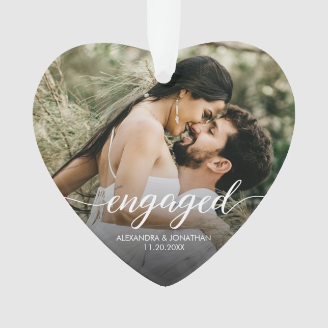Elegant Typography Engaged Custom Photo Names date Ornament (Front)