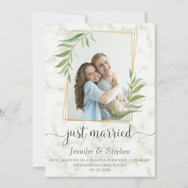 Elegant Typography Eucalyptus Marble Elopement Announcement (Front)