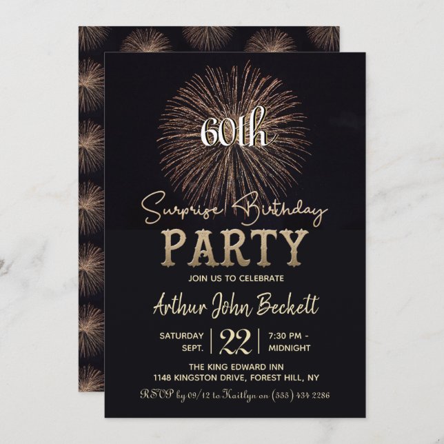 Elegant Typography Fireworks Surprise Birthday Invitation (Front/Back)