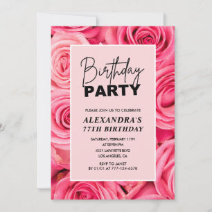 Elegant Typography Floral Pink Roses 77th birthday Invitation
