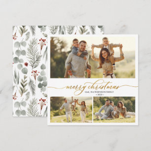 Elegant Typography Foliage 3 Multi Photo Christmas Holiday Card