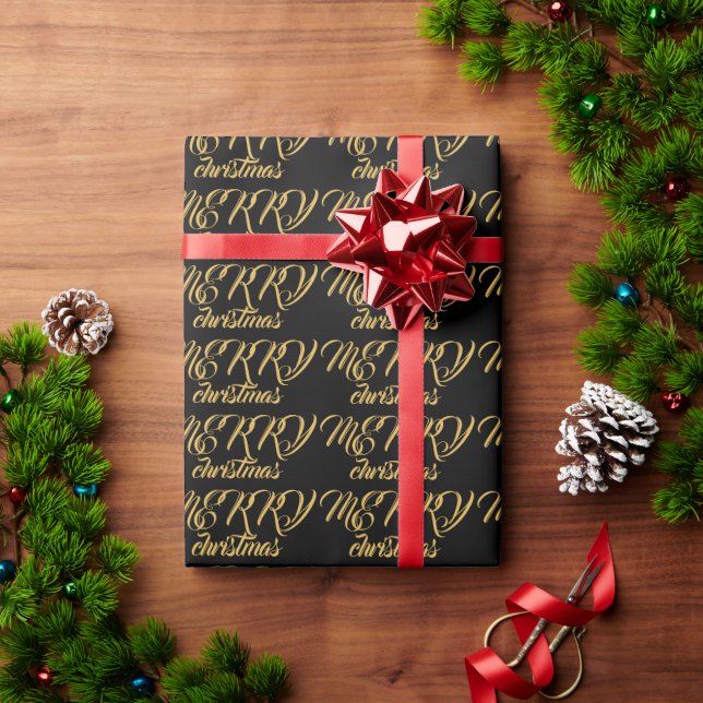 Elegant typography gold black Merry Christmas   Wrapping Paper (Holiday Gift)