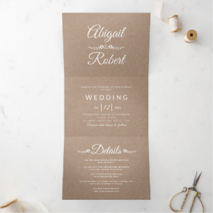 Elegant typography kraft paper rustic wedding Tri-Fold invitation