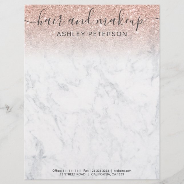 elegant typography marble rose gold glitter ombre custom letterhead (Front)