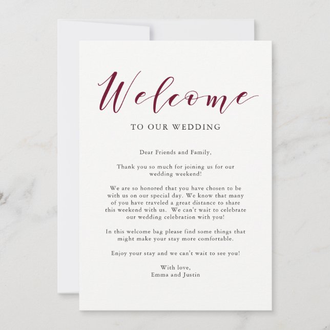 Elegant Typography Marsala Wedding Welcome Letter Invitation (Front)