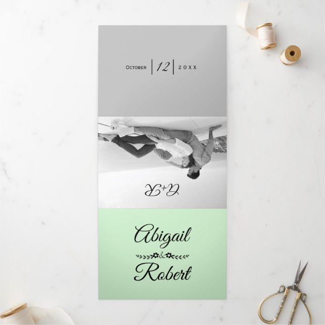 Elegant typography mint green grey photo wedding Tri-Fold invitation (Outside)