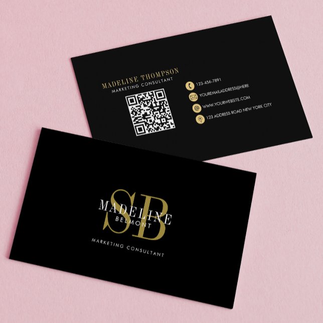 Elegant Typography Monogram Black Gold QR code Business Card (Creator Uploaded)