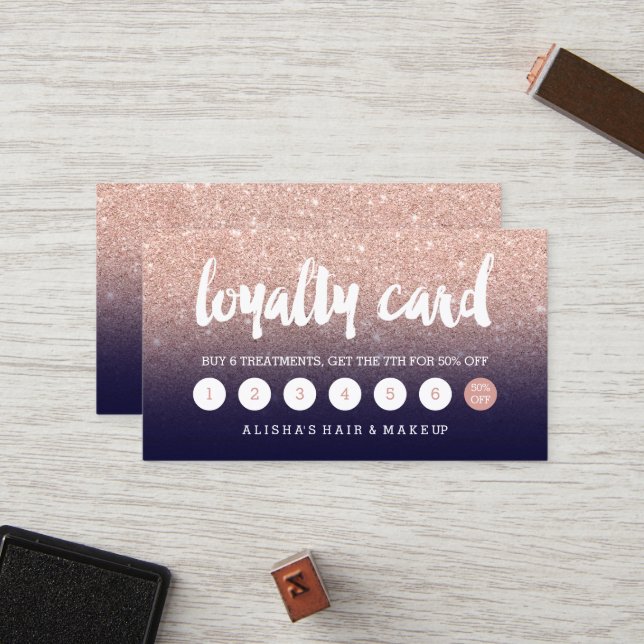 elegant typography navy blue rose gold loyalty card (Front/Back In Situ)