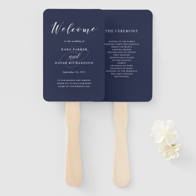 Elegant Typography | Navy Blue Wedding Hand Fan (Front and Back)