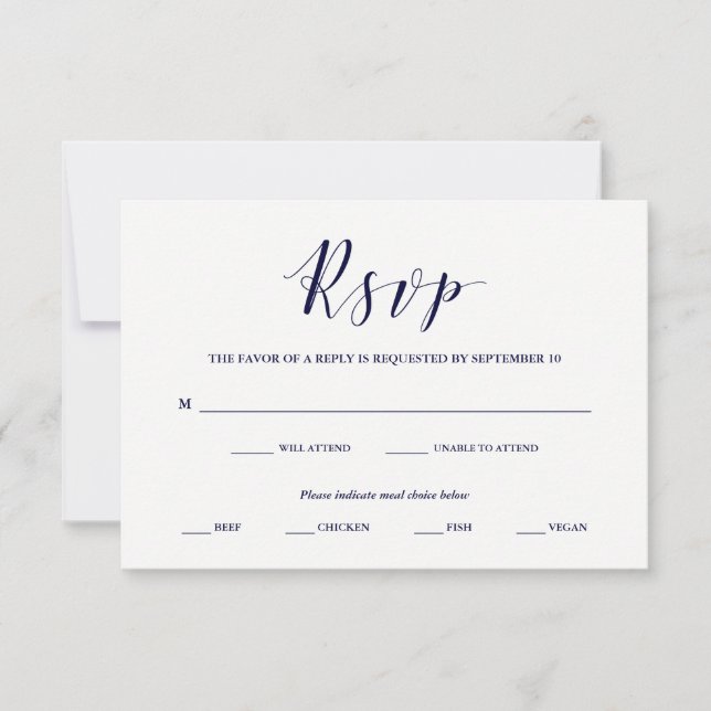 Elegant Typography | Navy RSVP with Meal Choice Card (Front)