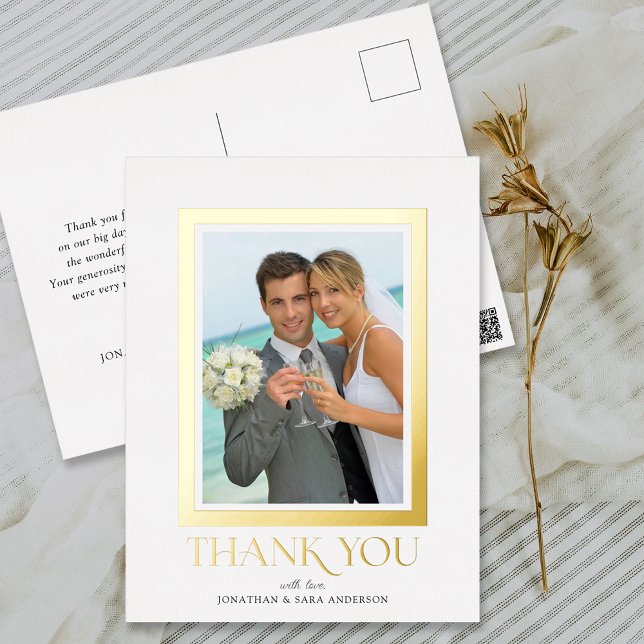 Elegant Typography Photo Wedding Thank You Gold Fo Foil Invitation Postcard (Creator Uploaded)