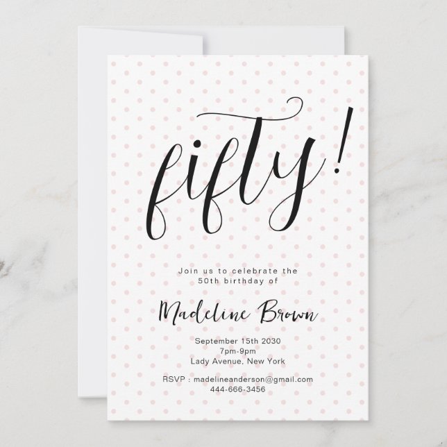 Elegant Typography Pink Dots Modern 50th Birthday Invitation (Front)